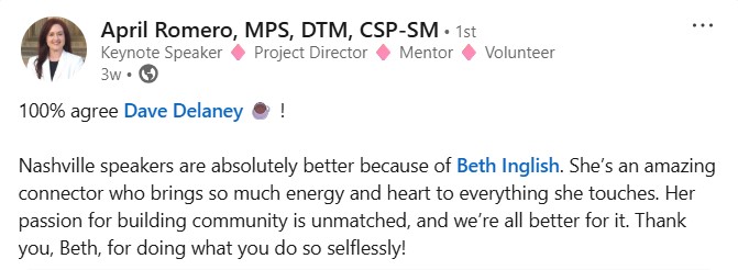Beth Inglish Keynote Speaker Testimonial Feedback